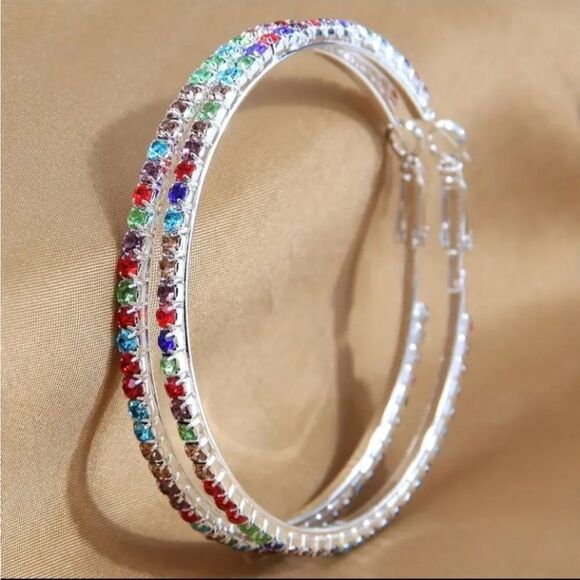 Rainbow Color Rhinestone Silver Hoop Earrings - Picture 1 of 3